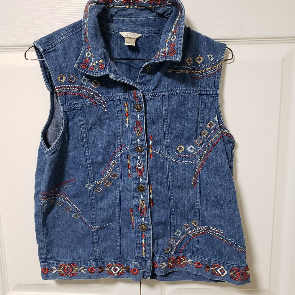 Christopher & Banks Embroidered Denim Jean Vest Denim Large Button Aztec Tribal